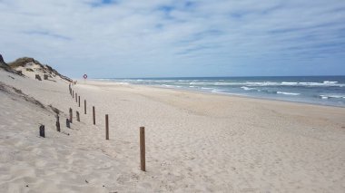 Kumlu bir sahil manzarası ve sahili yıkayan sakin dalgalar.