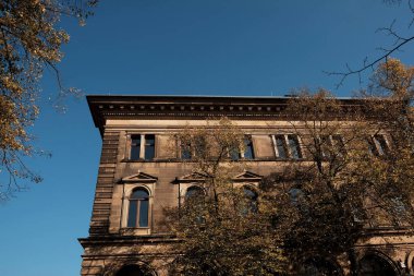 Mavi bulutsuz gökyüzü arkaplanı olan bir binaya yakın çekim