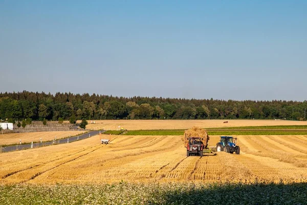 Una Vista Aérea Del Campo Agrícola Con Tractores Rodeados Árboles —  Fotos de Stock