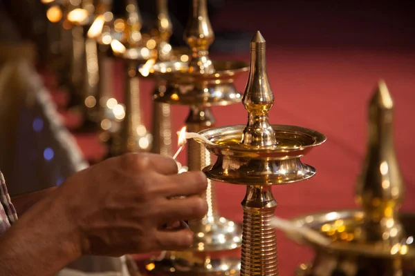 Selective Focus Shot Hand Lighting Elegant Indian Oil Lamp Wedding — Stock Photo, Image