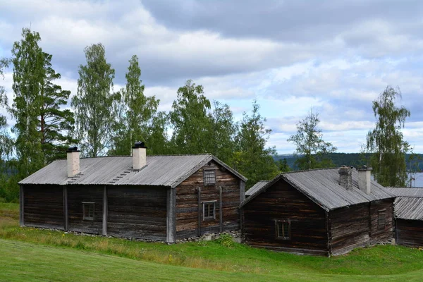 Ett Gräsbevuxet Fält Med Gamla Svenska Hus Skandinavisk Stil Molnig — Stockfoto