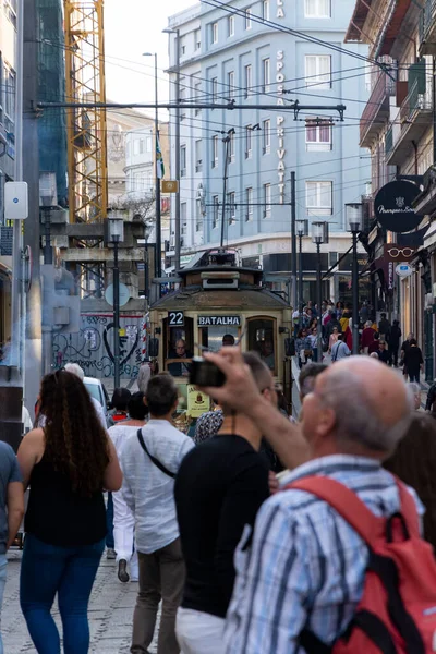 Tram Man Taking Photo Santa Catarina Street Porto Big Crowd — Stock Photo, Image