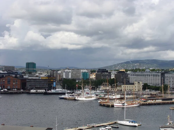 Widok Lotu Ptaka Port Statkami Łodziami Mieście Oslo Norwegii — Zdjęcie stockowe