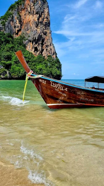Eine Vertikale Aufnahme Von Bambusboot Das Wasser Vor Dem Hintergrund — Stockfoto