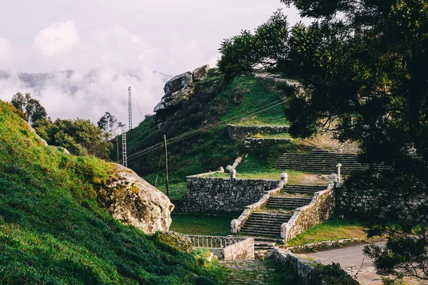 Scenic View Landscape Green Fields Stonewalls Stairs Taking Top Mountain — Stock Photo, Image