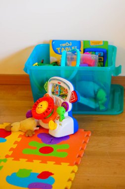 Poznan, Polonya 'da bir konteynırın yanındaki bulmaca minderinde Fisher Price marka oyuncak direksiyon.