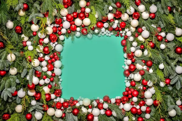 Closeup Shot Beautiful Christmas Decorations Light Green Wall — Stock Photo, Image