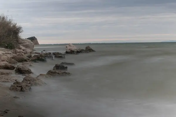 Una Hermosa Toma Rocas Grandes Pequeñas Plantas Orilla Del Mar — Foto de Stock