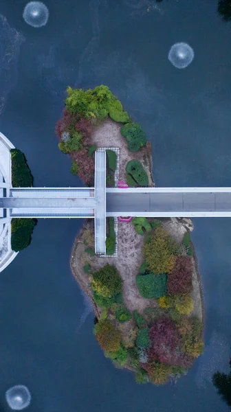 Vzdušný Záběr Mostní Cesty Nad Rybníkem Slunečného Dne Purchase New — Stock fotografie