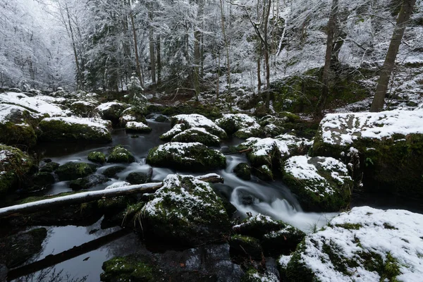 Neve Uma Corrente Congelada Uma Floresta — Fotografia de Stock