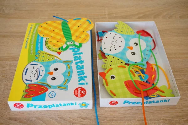 Close Shot Handcraft Set Owls Lines Kids Open Box Poznan — Stock Photo, Image