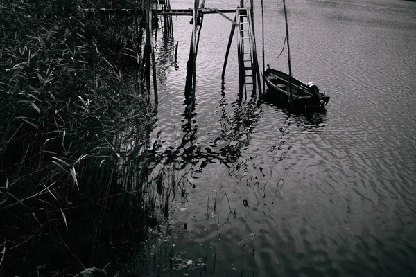 Uma Escala Cinza Velho Barco Lago Perto Dos Juncos — Fotografia de Stock