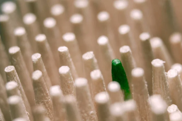 Egy Zöld Ceruza Közelsége Színtelen Tompa Hátterű Ceruzák Között — Stock Fotó