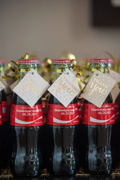 Vertical Shot Custom Coca Cola Bottles Wedding Party Reception Names — Stock Photo, Image