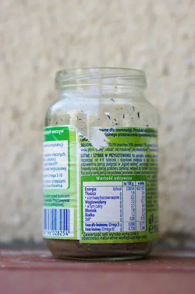 Close Shot Empty Used Glass Food Jar Wooden Shelf Poznan — Stock Photo, Image