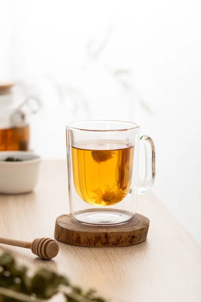 Vertical Shot Healthy Herbal Tea Wooden Pedestal — Stock Photo, Image