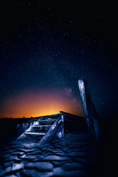 Vertical Shot Remains Old Pier Sventoji Lithuania Starry Night Stock Photo