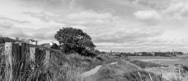 Yazın bulutlu bir günde siyah beyaz deniz manzarası.