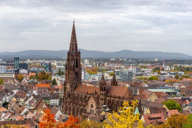 Almanya 'daki Freiburg Katedrali' nin bulutlu gökyüzü binalarıyla güzel bir hava manzarası.