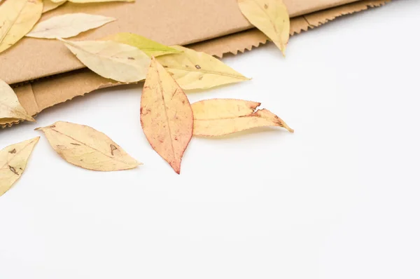Decorative Background Yellow Autumn Leaves Brown Paper White Background Text — Zdjęcie stockowe