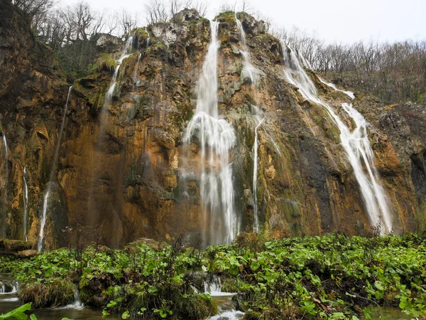 Natural View Plitvice Waterfalls Croatia White Sky — Stock Photo, Image