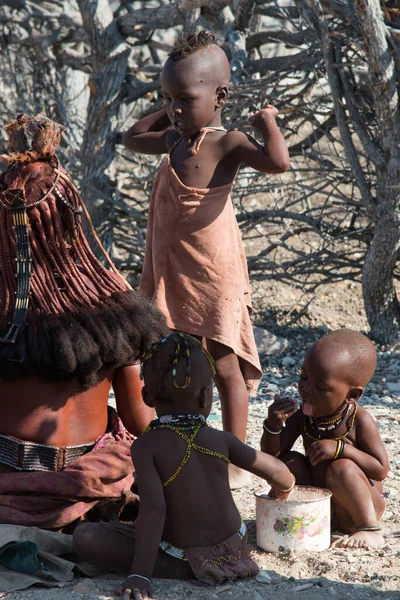 Disparo Vertical Niños Adorables Tribu Himba Jugando Afuera Namibia —  Fotos de Stock