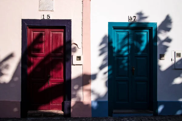 Portas Vermelhas Azuis Palma Sombra Palmeiras — Fotografia de Stock