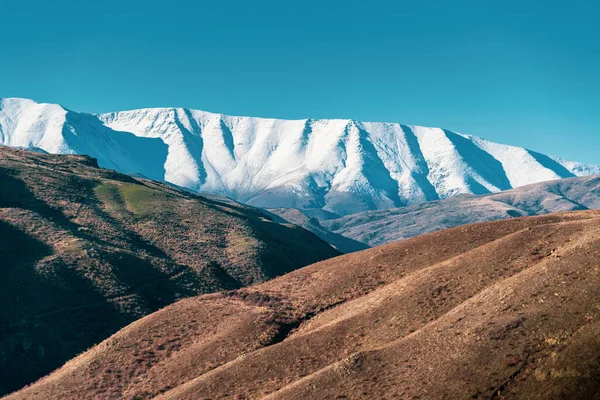 Una Foto Del Campo Con Árboles Contra Montañas Cubiertas Nieve — Foto de Stock