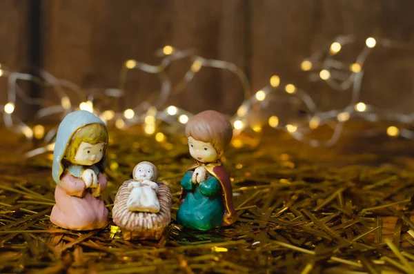 Close Shot Mini Colorful Figures Nativity Scene Hay String Lights — Stock Photo, Image