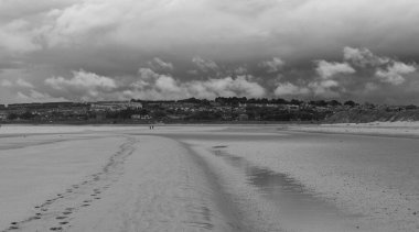 Güzel bir deniz kıyısının gri tonlu görüntüsü.