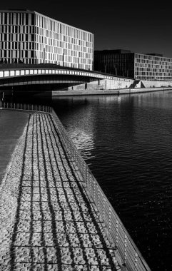 Berlin 'deki Spree Nehri' nin gri tonlu görüntüsü.