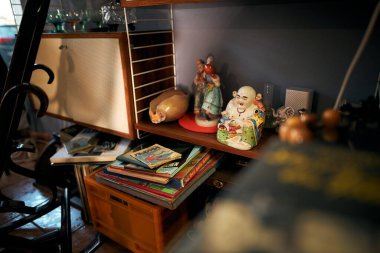 Münih, Almanya 'da eski kitaplarla dolu bir rafta güzel bir heykel resmi.