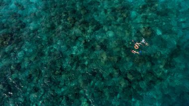 Sakin bir suda yüzen bir erkek sörfçünün havadan görünüşü.