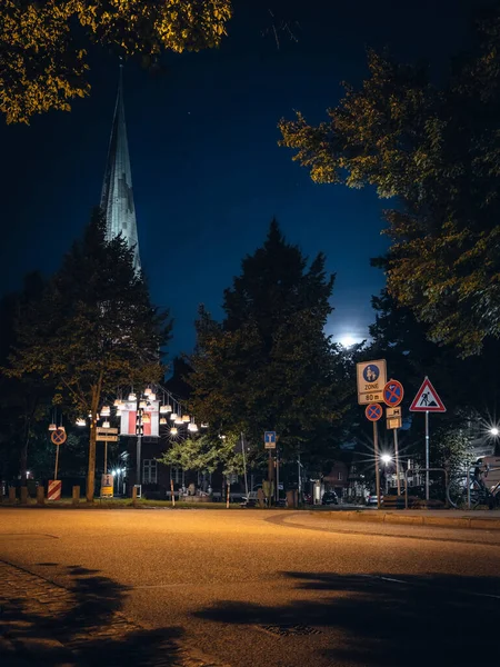 Egy Függőleges Felvétel Egy Útról Egy Városban Jelekkel Fákkal Éjszaka — Stock Fotó
