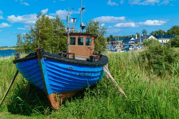 Närbild Blå Båt Gräset Ruegen Tyskland — Stockfoto