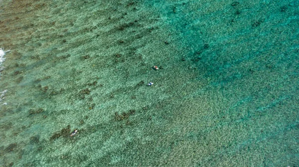 透明度の高い静かな水の中で泳ぐ人々の空中トップビュー — ストック写真