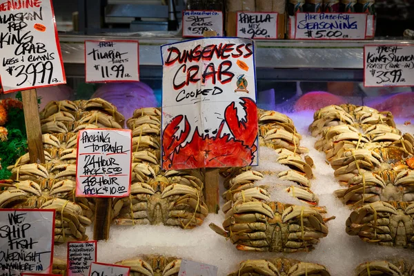 Una Exhibición Mariscos Crudos Cocidos Mercado Público Seattle Los Estados — Foto de Stock