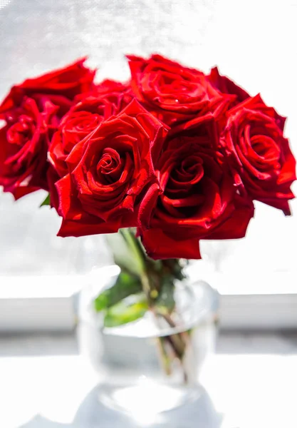Bunch Fresh Red Roses Glass Vase Window — Stock Photo, Image