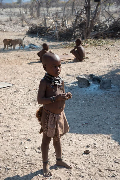 Disparo Vertical Lindo Niño Tribu Himba Parado Afuera Día Soleado —  Fotos de Stock