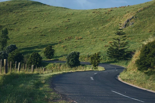 Пустая Дорога Через Горы Покрытая Зеленой Травой Солнечный День — стоковое фото