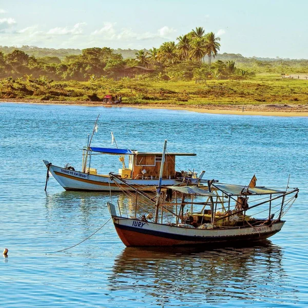 Die Fischerboote Vor Anker Der Stadt Itacare Bahia Brasilien — Stockfoto