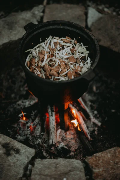 Vertical Shot Pot Food Cooking Bonfire — Stock Photo, Image