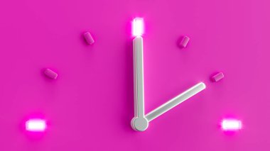 3 boyutlu yarım saat, saat 2 yönünde. Gümüş eller pembe arka planda izole edilmiş.