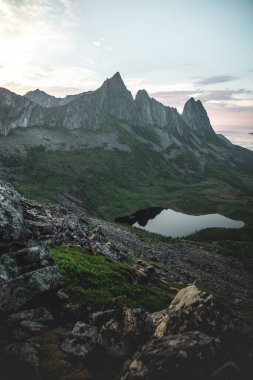 Gölü, suyu ve yeşil tepeleri yansıtan dikey güzel bir manzara.