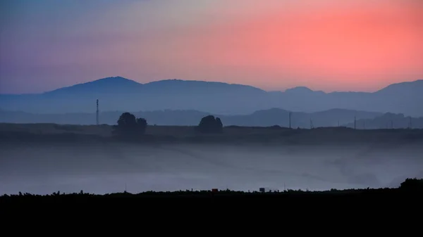 Krásný Záběr Krajinu Mlhavou Loukou Během Západu Slunce — Stock fotografie