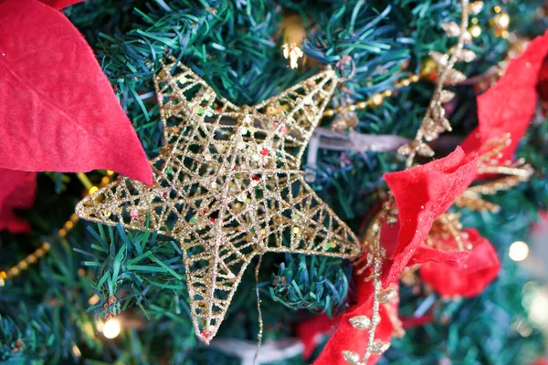 Eine Nahaufnahme Eines Weihnachtssternschmucks Der Einem Baum Hängt — Stockfoto