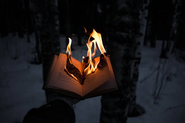 Une Main Tenant Livre Brûlant Flammes Dans Une Forêt Hiver — Photo