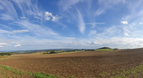 Panoramiczny Widok Pola Zasuszona Trawa Pod Zachmurzonym Niebem — Zdjęcie stockowe