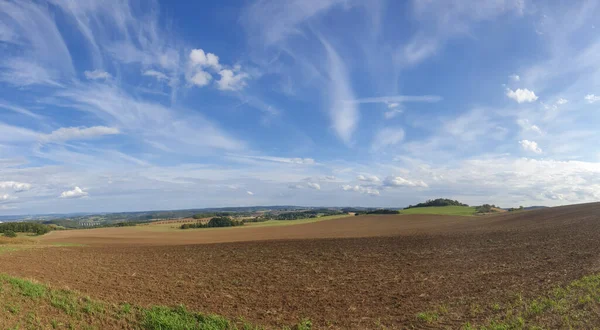 Panoramatický Pohled Pole Vyschlé Trávy Pod Zataženou Oblohou — Stock fotografie