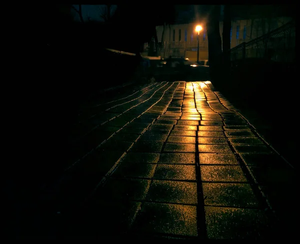 Gece Boyunca Islak Bir Sokağı Aydınlatan Bir Sokak Lambası — Stok fotoğraf